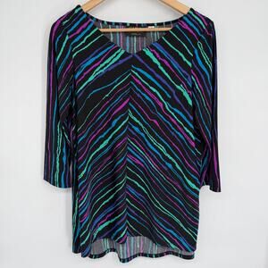 Bob Mackie Top Womens Small Colorful Striped Eclectic Grandma Flowy Black Purple